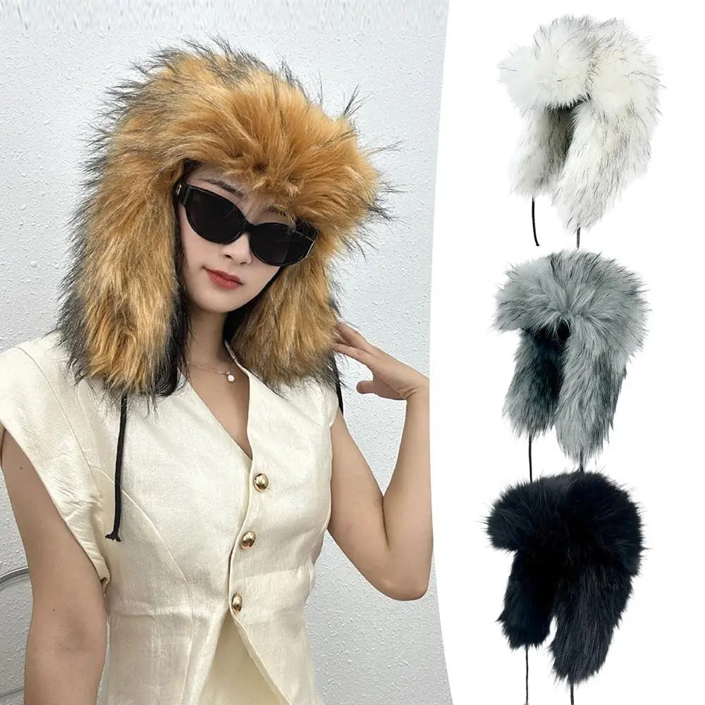 

Ear Protection Cap Bomber Hat Outdoor Windproof Plush Ski Cap Thicken Fur Lei Feng Hat Luxury Natural Y2k Fluffy Faux Fur Hat