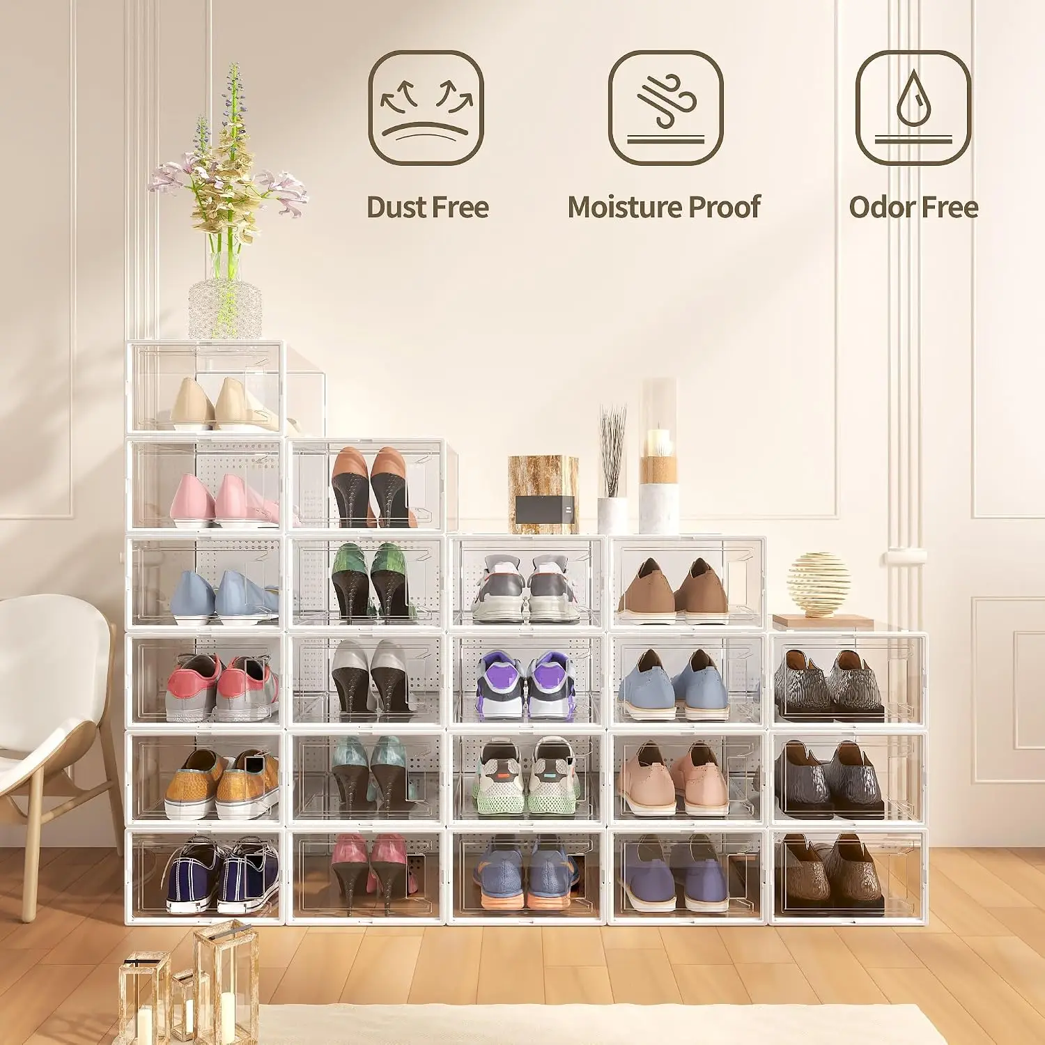 12 Pack XX Large Shoe Storage Organizer for Closet, Modular Space Saving Shoe Boxes Clear Plastic Stackable, Customized