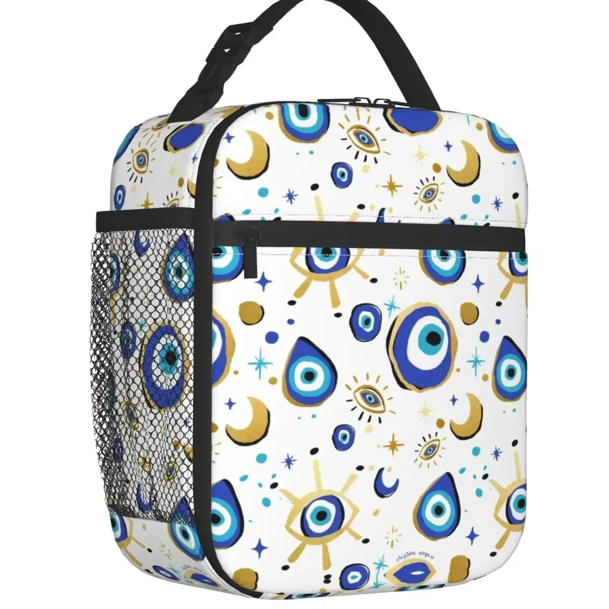 Blue Gold Evil Eye Thermal Insulated Lunch Bag Hamsa Nazar Amulet Boho Portable Lunch Container Storage Food Box