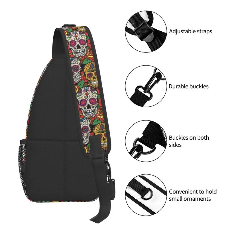 Fashion Flowers Sugar Skull Pattern Sling Crossbody Backpack Men Day Of The Dead Shoulder Chest Bags for Camping Biking