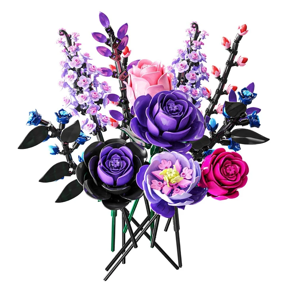 

MOC Elegant Warm 9-in-1 Purple Flower Bouquet Building Blocks Set Wedding Decorations Desktop DIY Toy For Children Birthday Gift