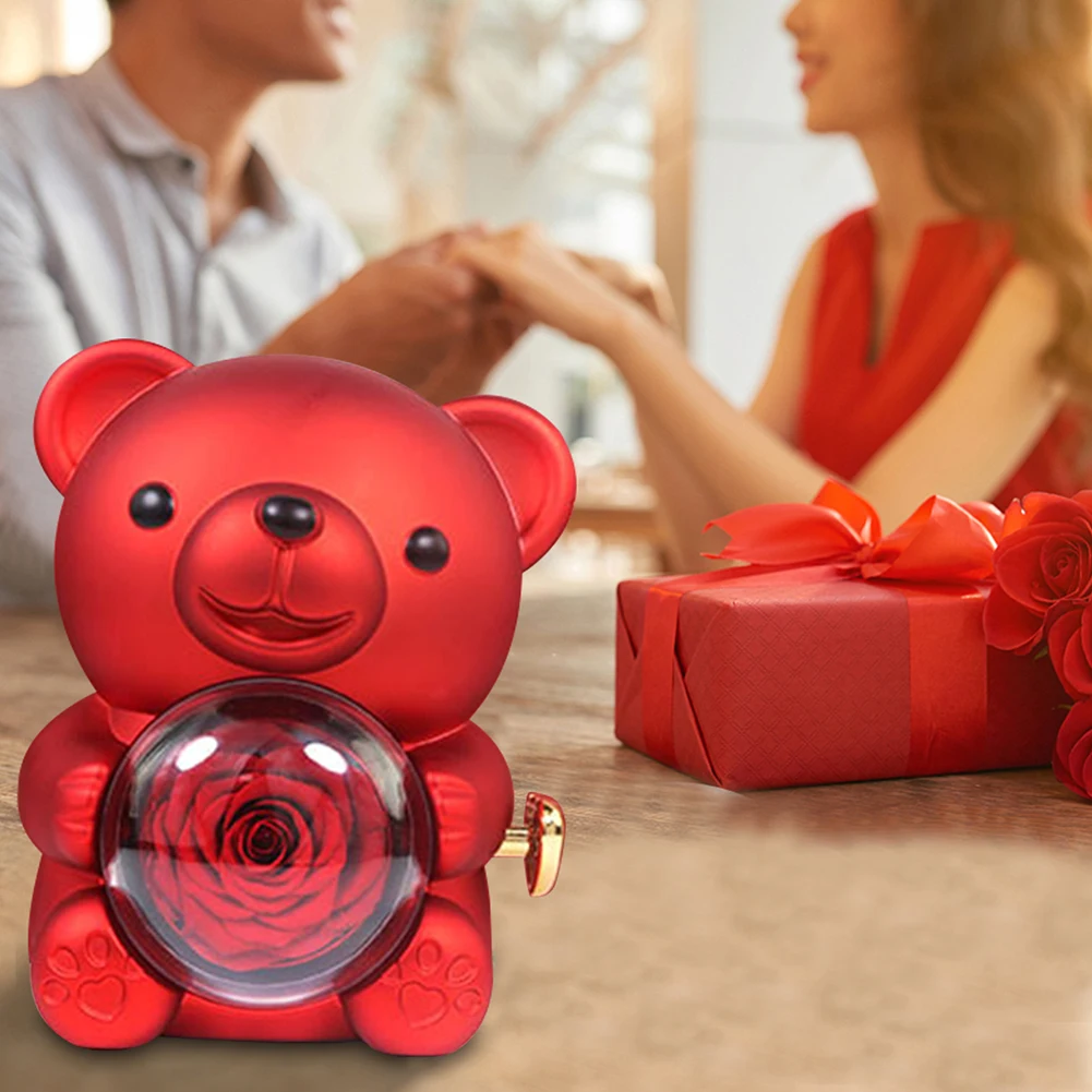 Teddy Bear Gifts Box with Necklace Rotate Bear Rose Jewelry Box Valentine Wedding Storage Gift Case for Women Girlfriend Mother