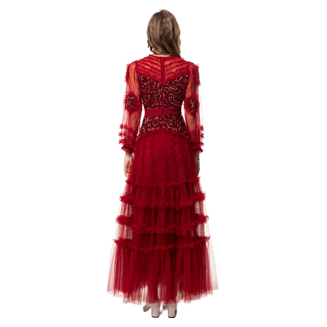 ชุดสตรี O คอแขนยาว Appliques Tiered Ruffles Sequined Elegant Designer ชุดราตรีชุดราตรี