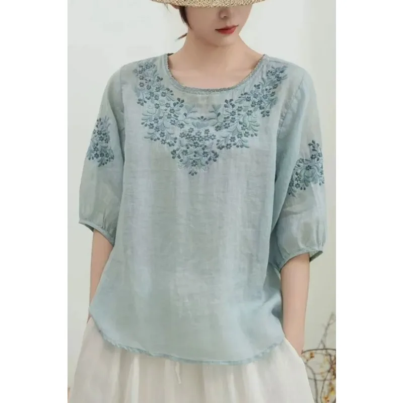 

Women's Linen Embroidered Blouse Round Neck Half Sleeve Casual Summer TopYY240