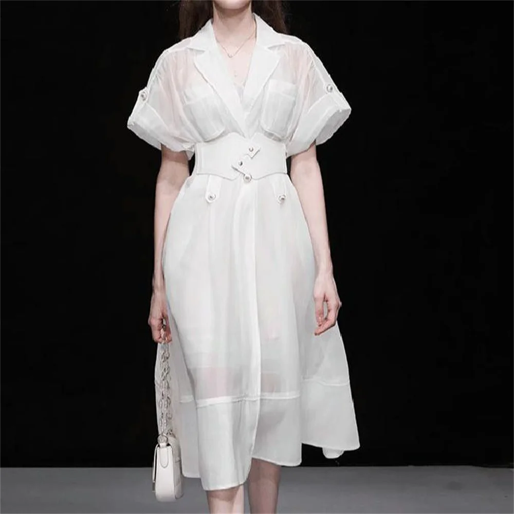 

Summer Women's White Waistband Slimming Windbreaker white Gauze Long dress belt