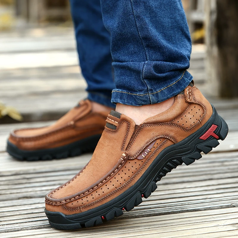 Handmade Leather Men Shoes Casual Outdoor Slip on Loafers Men Leather Shoes Flats Moccasins Walking Shoes Non-Slip Dropshipping