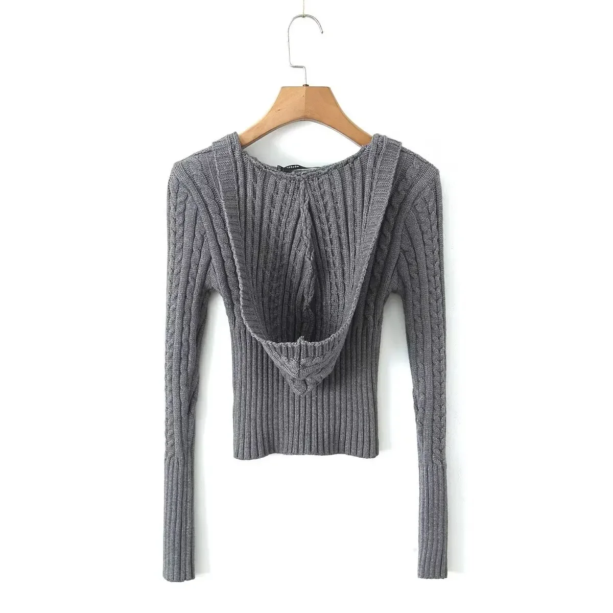 European And American Retro V-Neck Hooded Slim Fit Long Sleeved Short Style Sexy Exposed Navel Knitted Sweater