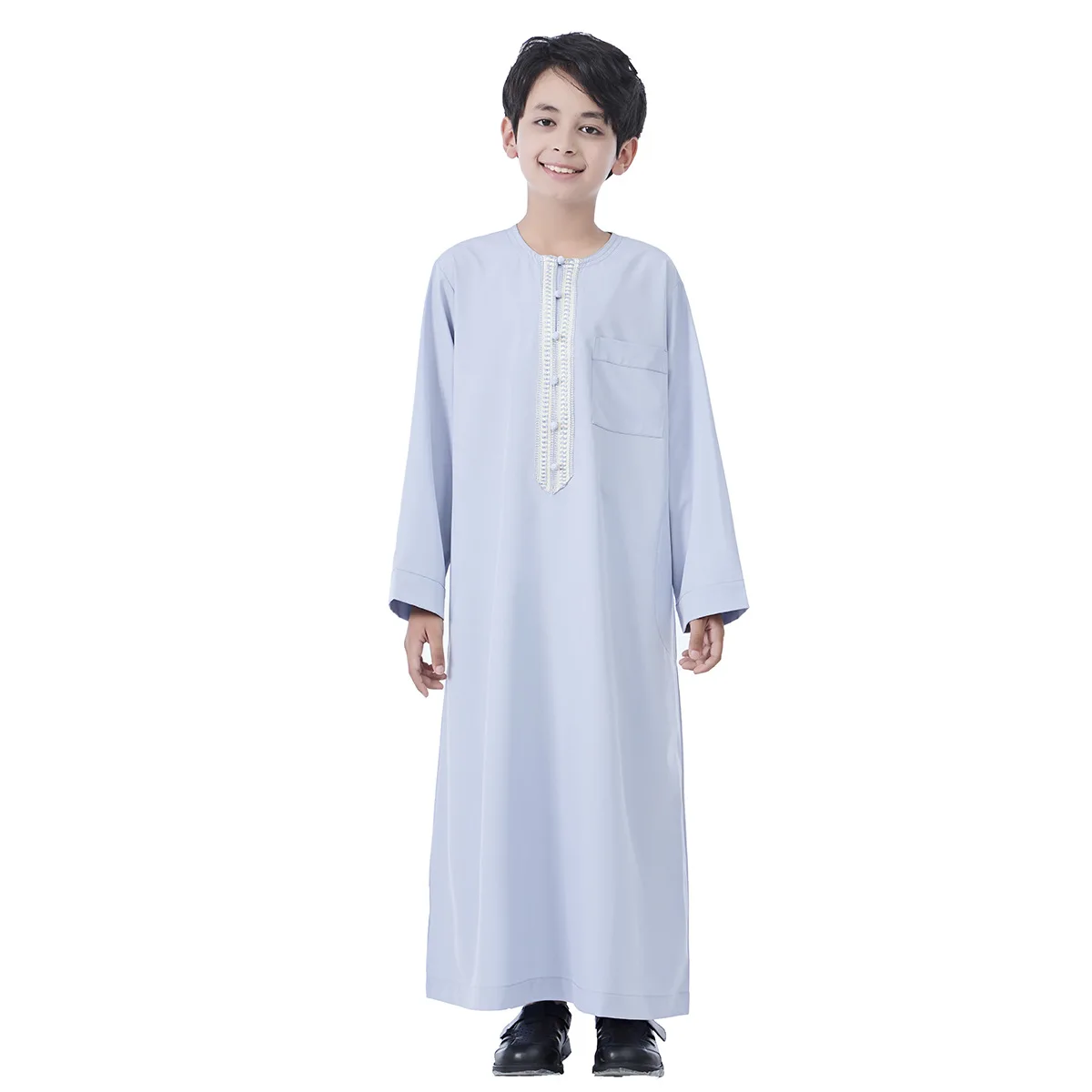 

2025 Muslim Kids Boys Jubba Thobe Solid Button Abaya Arabic Islamic Middle Eastern Teen Long Sleeve Robe Ramadan Daffah Clothing