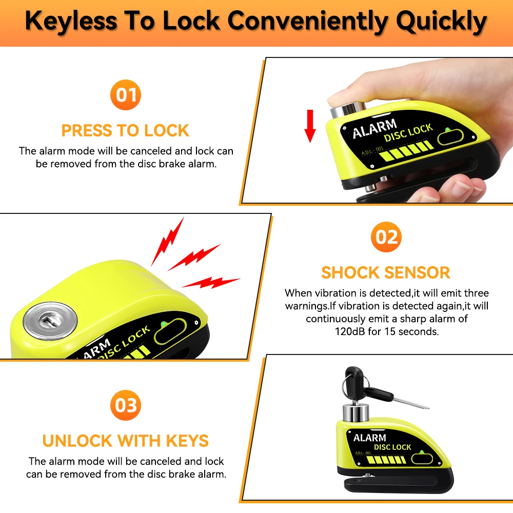 Anchtek Motorcycle Disc Lock Alarm USB Rechargeable 120db Bicycle Anti-theft Padlock Security Protection Motor Bike Accessories