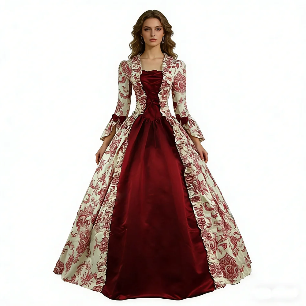

Vintage Victorian Renaissance Ball Gown Long Sleeve Floral Print Bell Sleeve Ruffle Maxi Dress Elegant Palace Evening Party Gown
