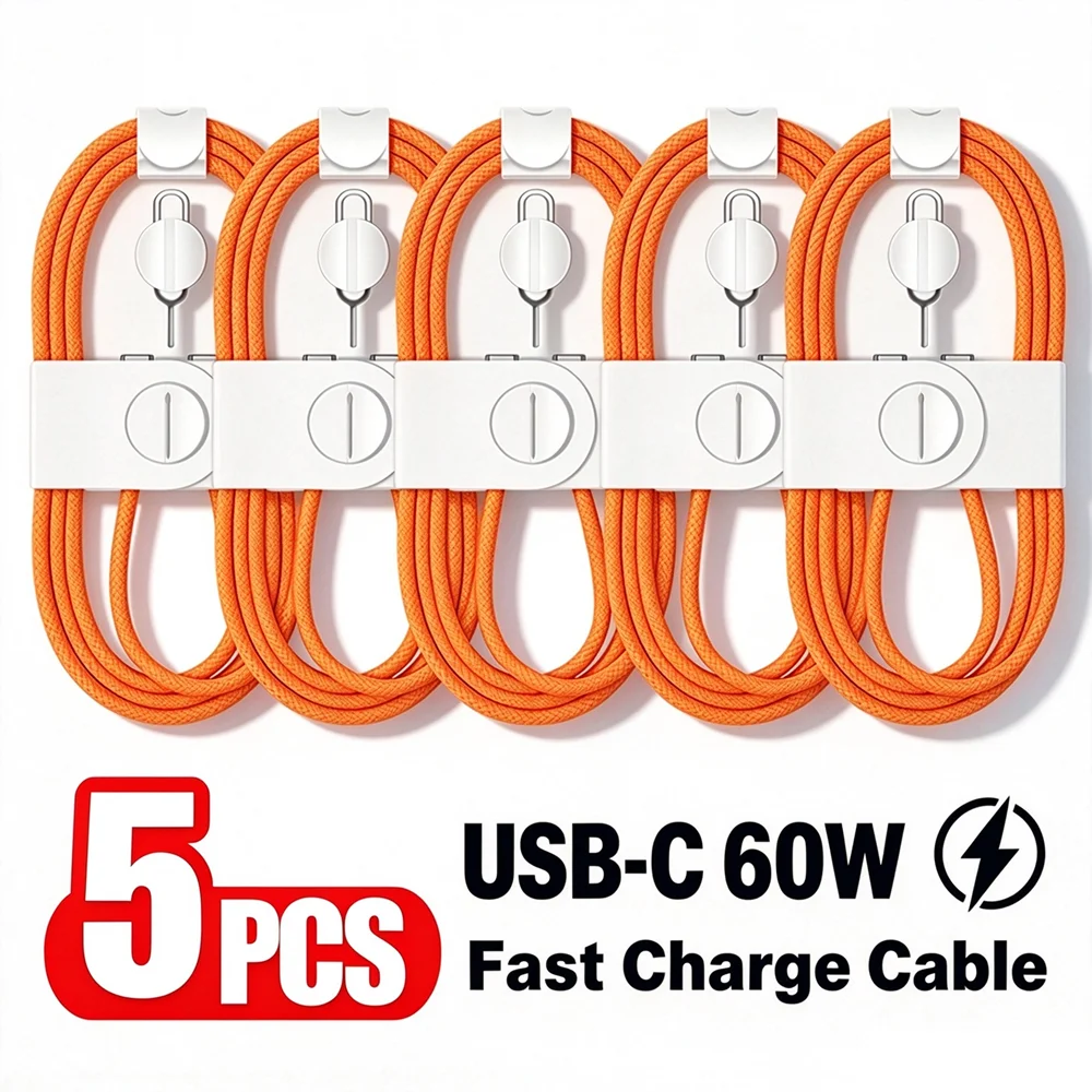 5PCS 60W USB-C to USB-C Fast Charge Braided Cable For iPhone 15 16 17 18 Pro Max Duo Type C to Type C Rapid Charging Data Cables