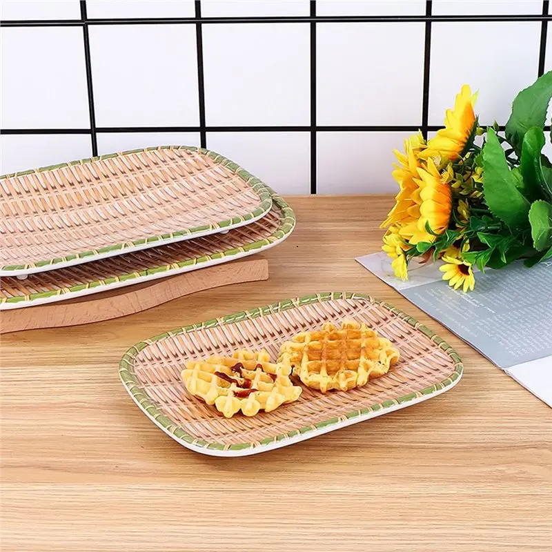 ABUI-Bamboo Weaving Melamine Hot Pot Vegetable Plate Green Barbecue Serving Dish Multiple Styles For Restaurant Use