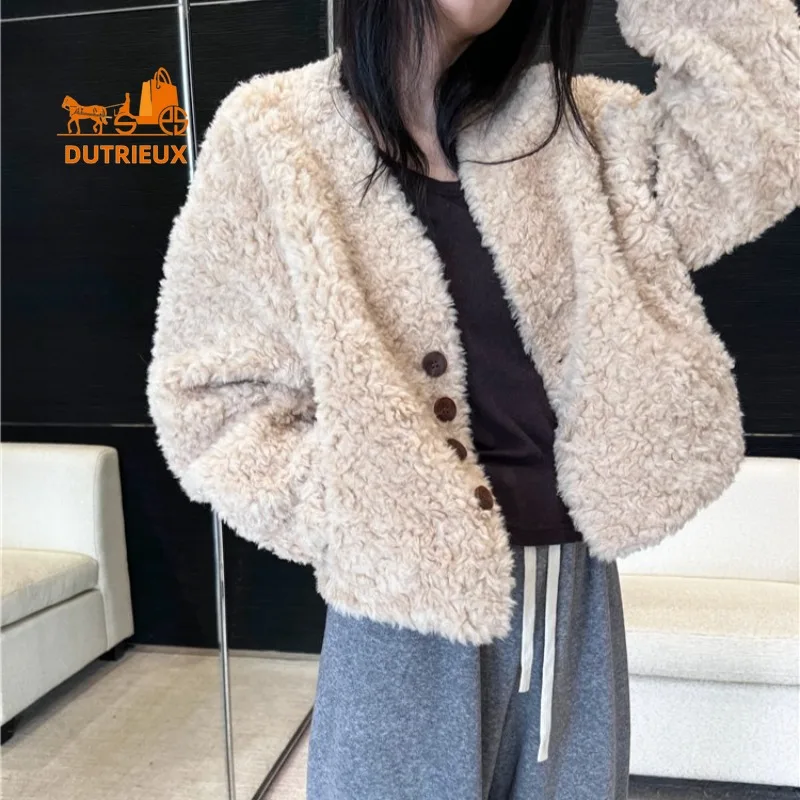 Winter V-neck Wool Fur Coat for Women, 100% Real Wool, Fashionable Travel Temperament Warm Genuine Wool Fur Jacket for Women