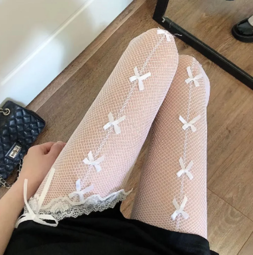 Women Mesh Ventilation Socks Leggings Bows Transparent White Black Tights Stockings Women Sexy Mesh Fishnet Pantyhose