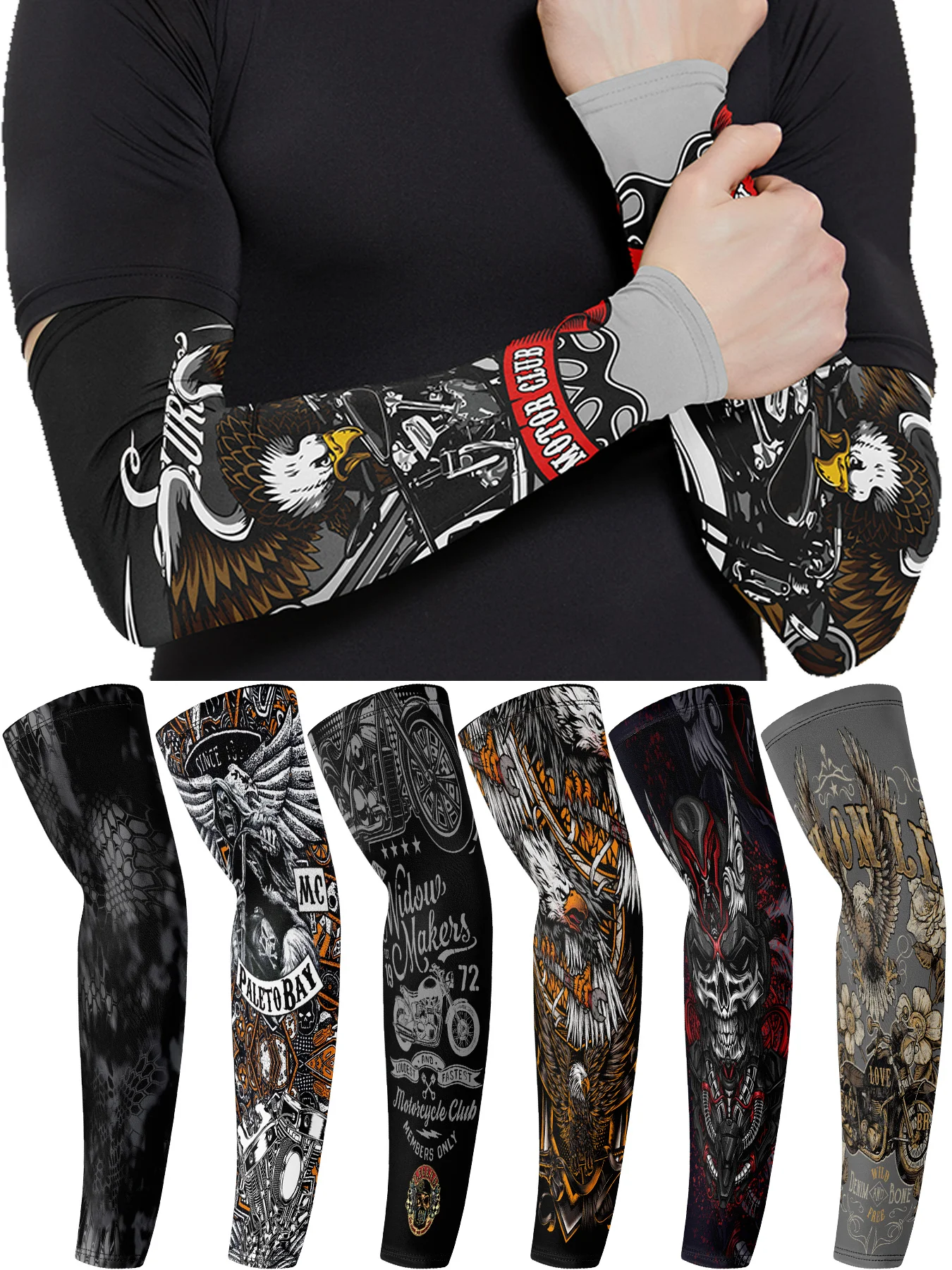 

1 пара рукавов для защиты от УФ-солнца, уличные мужские рукава для езды на мотоцикле, быстросохнущие дышащие летние рукава из ледяного шелка для велоспорта с татуировкой