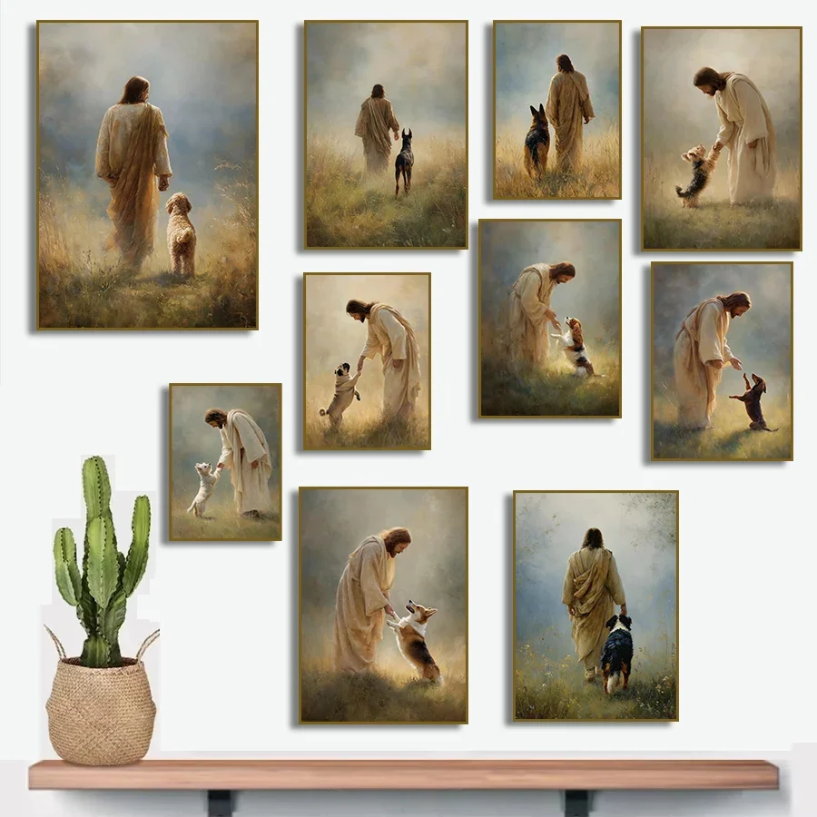 (No frame)Jesus and German Shepherd Dachshund Doberman Art Poster Canvas Painting Print for Living Room Cottagecore Home Deco