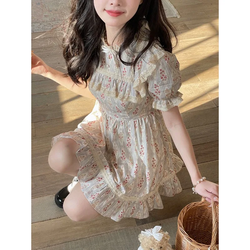 

French Retro Mini Dress Sweet Short-sleeved A-line Dresses Lace Coffee Stand Collar Japanese Floral Skirt Summer Trendy Clothes