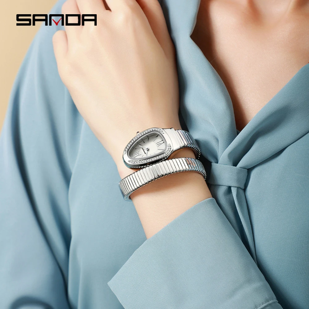 SANDA Hot Selling 1151 Snake Shaped Diamond Inlaid High-end Women's Watch Retro Temperament Light Luxury Women's Quartz Watch