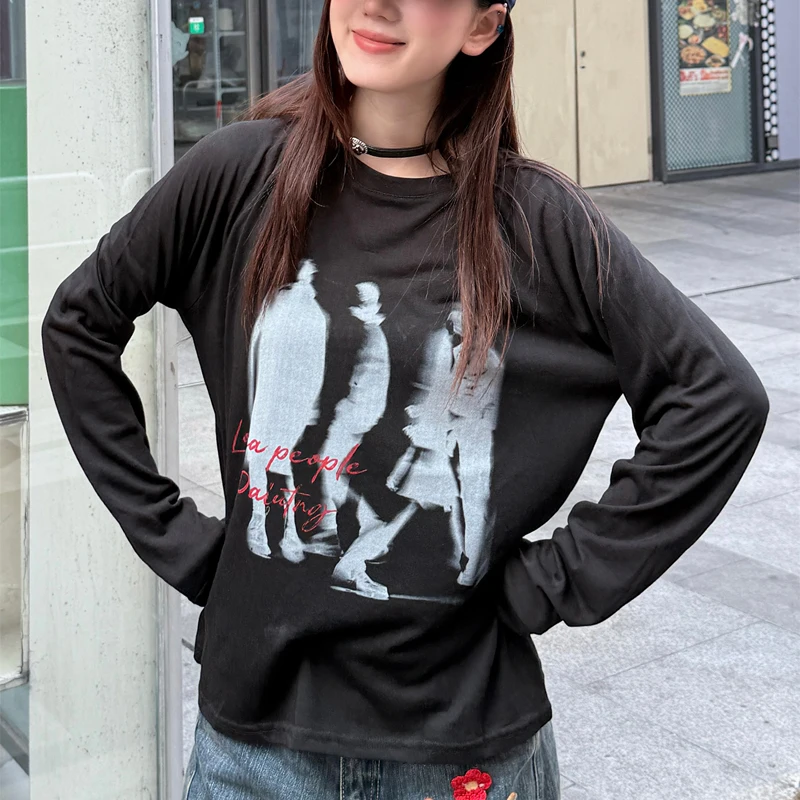 American Retro Human Shadow Printed Long-sleeved Women T-shirt Autumn Loose Fashion Street Harajuku Casual Oversize Women Top