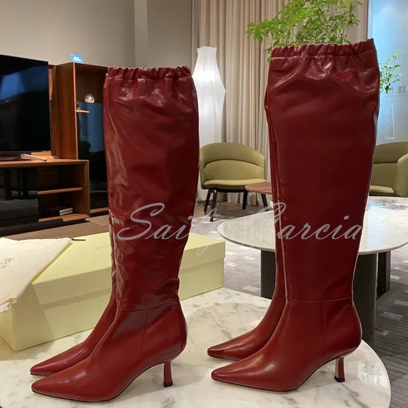 

Wine Red Knee High Boots Women Elastic Medium Heel Runway Winter Autumn Leather Boots Sexy Pointed Toe Side Zipper Shoes