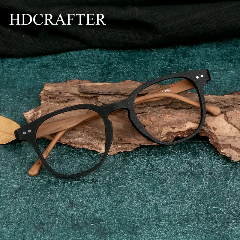 HDCRAFTER Vintage Optical Myopia Eye Glasses Frame Wood Square Prescription Eyeglasses Frame with Clear Lens Men Women Eyewear