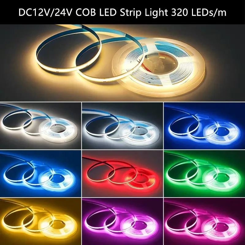 

5m/set COB LED Strip 12V 24V Flexible 8mm Width RA 90 High Bright Led Tape Light Bar Ice Blue White Red Green Pink Yellow