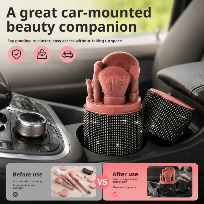 Women Shiny Rhinestone Cosmetic Brush Storage Tube PU Leather Portable Desktop Makeup Tool Holder Auto Small Beauty Organizer De view 3