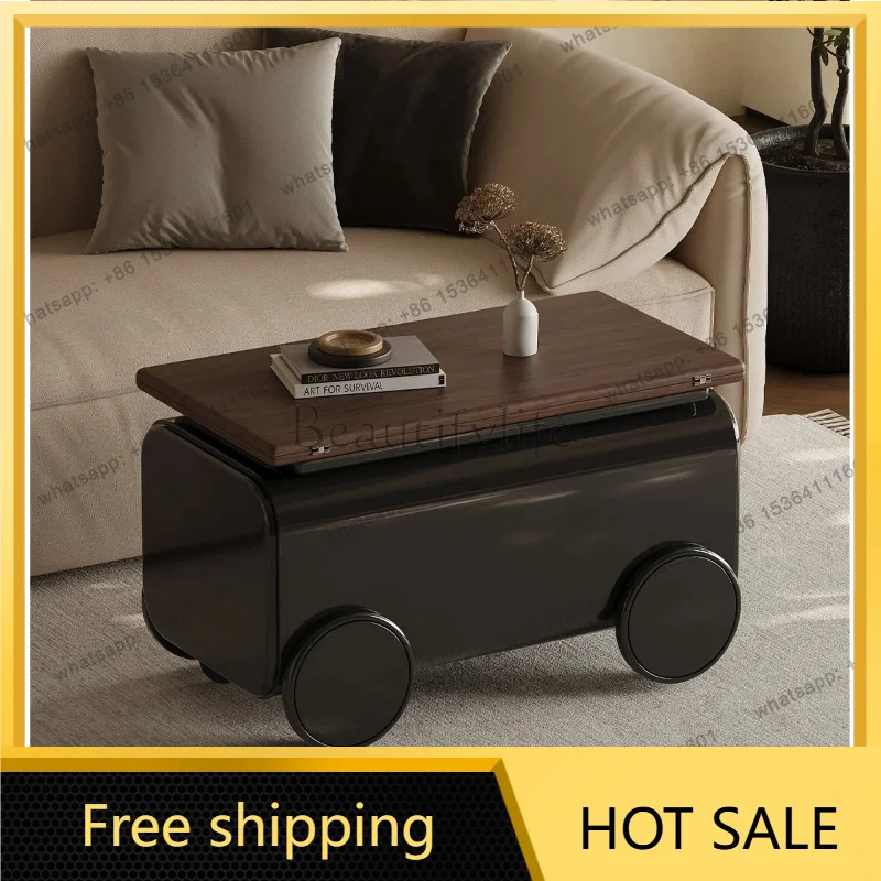 YJ Italian minimalist movable coffee table trolley folding dining table rectangular light luxury living room household solid woo