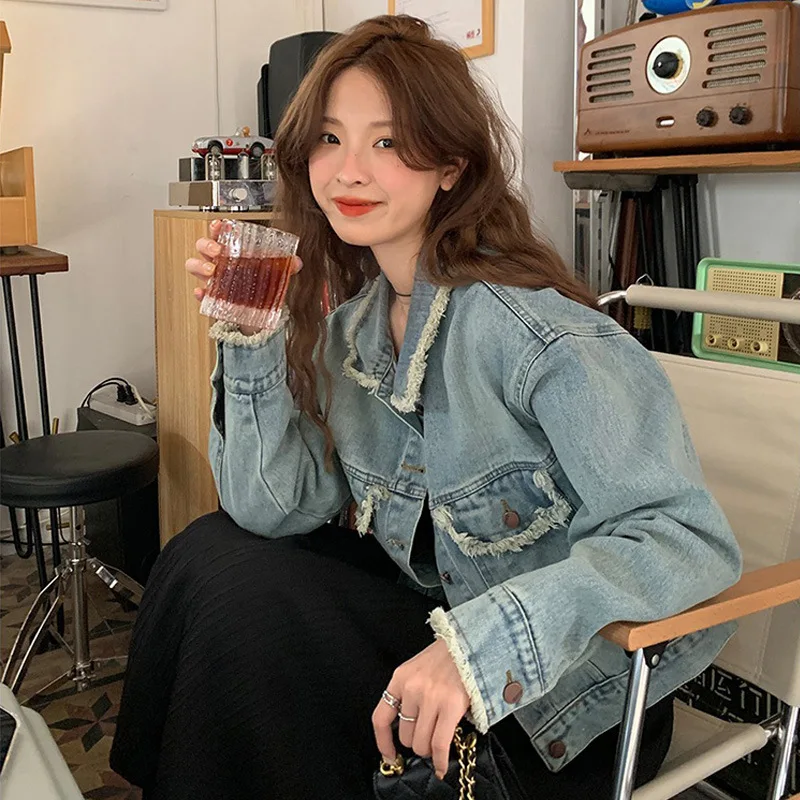 Faionable solto feminino denim jaet primavera outono retro tamanho pequeno casaco ort material de algodão modelo fino produção chinesa