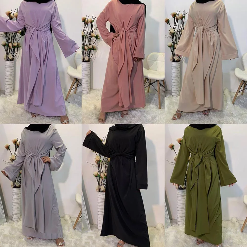 

Muslim Women Long Dress Bandage Islamic Arab Ramadan Eid Plain Dubai Maxi Robe Kaftan Loose Casual Solid Abaya Turkish Fashion