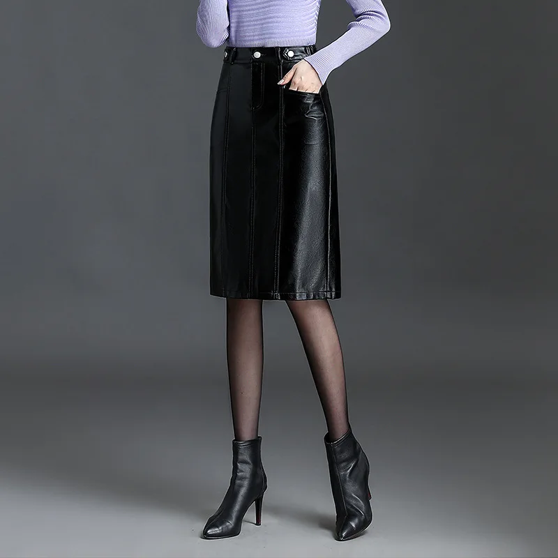 Autumn Winter Women High Waist PU Leather Skirt Elegant Chic Slim Casual Office Lady Bodycon Knee-length Pencil Skirts 4XL 6859