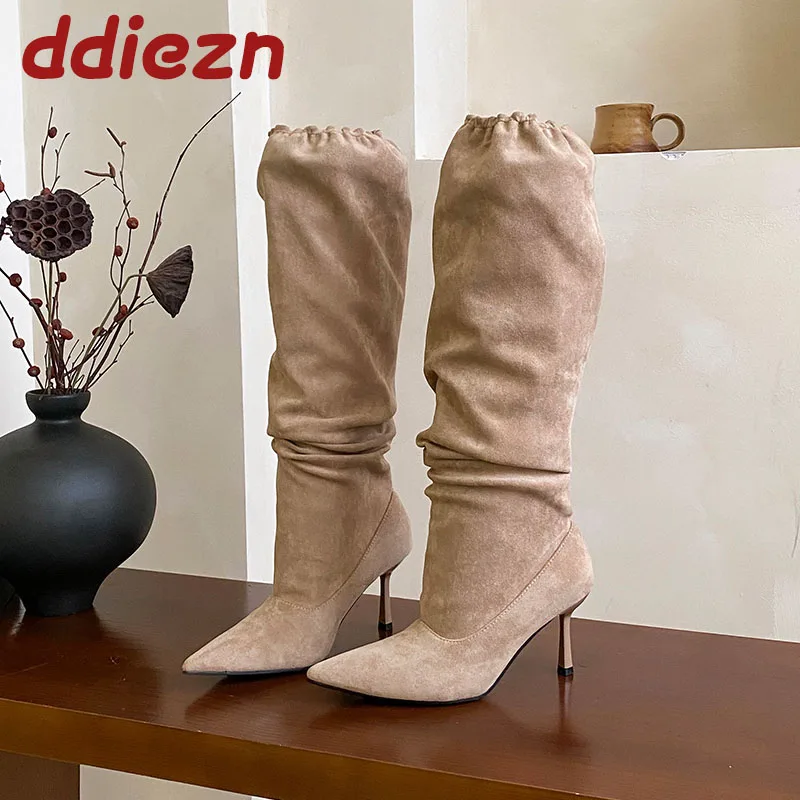 

Женские современные женские сапоги до колена на тонком каблуке, обувь без шнуровки, зима-осень, модные женские высокие сапоги с острым носком, обувь