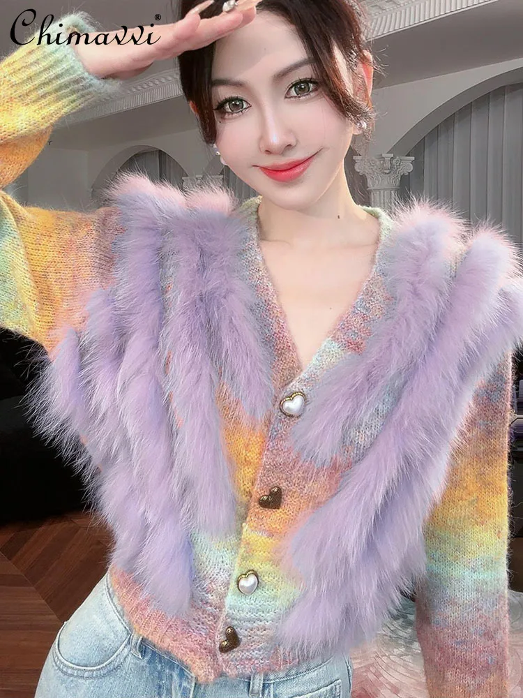 

Autumn New Fashion Fox Fur Splicing Contrasting Color V-neck Knitted Cardigan Women's Luxury Long-sleeved Sweet Women's Sweater