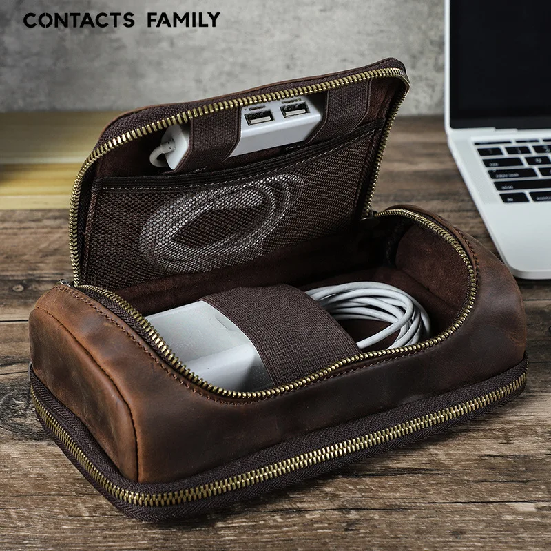 Coffee-colored genuine leather high-end retro multi-compartment zipper hand-held digital device storage clutch