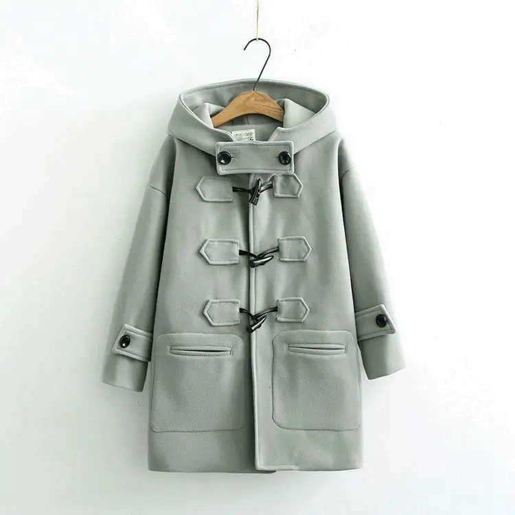 

Corner buckle woolen coat women's autumn and winter medium and long woolen coat hooded student small coat