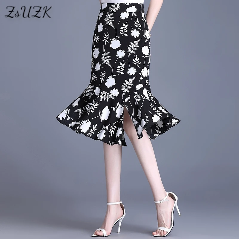 

ZUZK Summer Irregular Fishtail Skirt Design Elastic Waist Women Cool Package Pip Floral Skirt New Split One-step Skirt