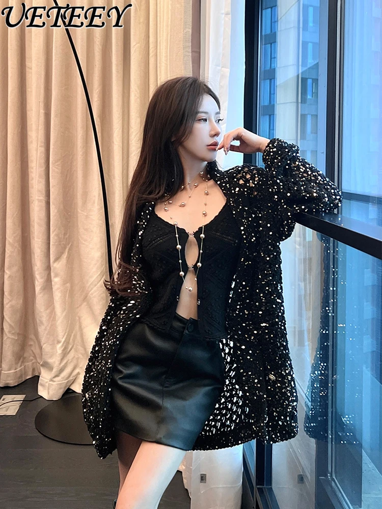 Temperament Fashionable Sexy Knitted Jacket Women Spring Autumn Socialite Heavy Industry Sequins Hollow Knitted Sweater Cardigan