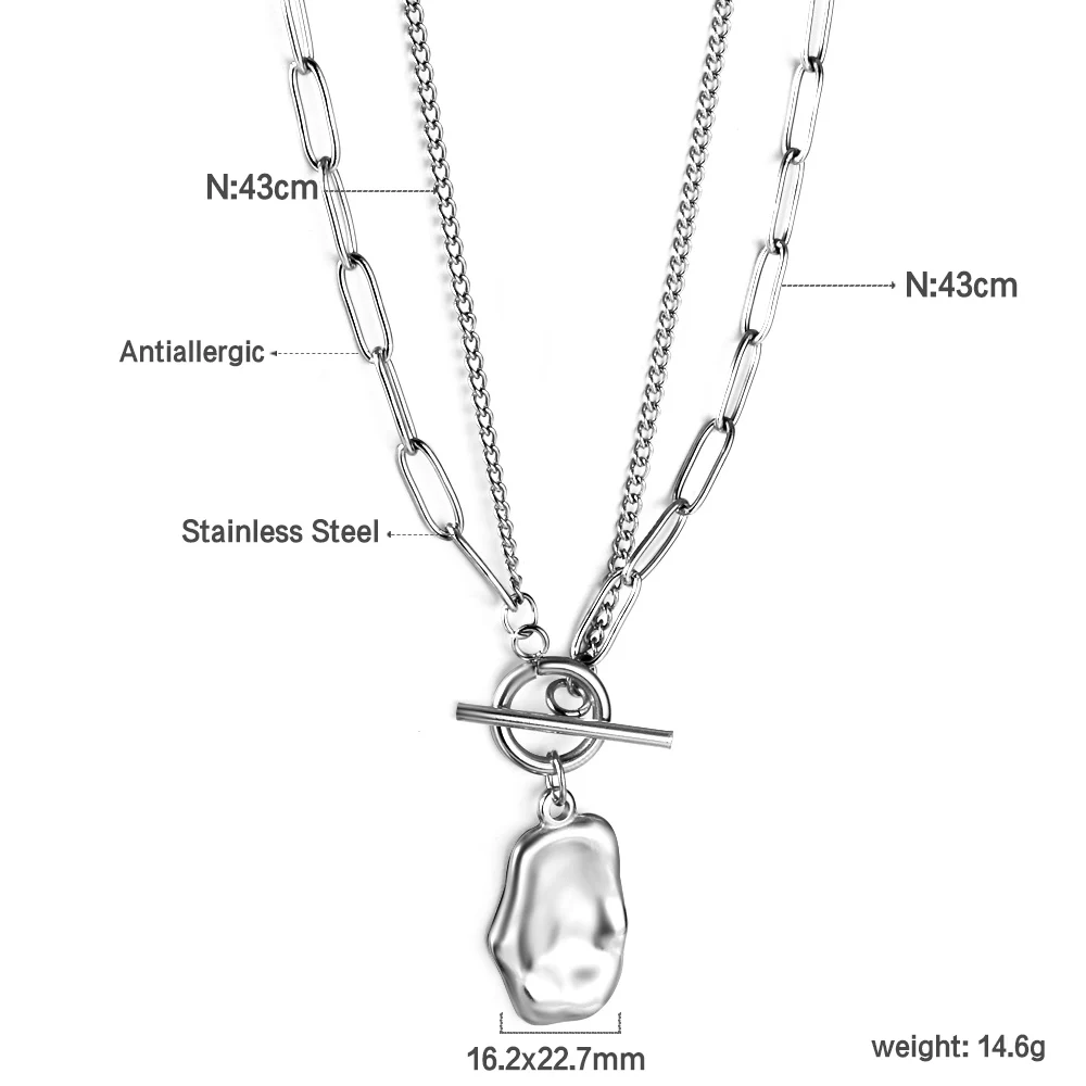 LUXUSTEEL Vintage Dounle Layer Irregular Metal Pendant Necklace For Women Punk Stainless Steel Multilayer Chain Fashion Jewelry