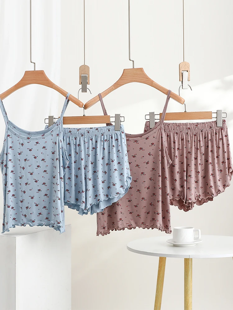 Summer Lightweight Modal Floral Strap Short Pants Set Women's Casual Home Sleeveless Nightgown plus Size Comfortable Sleepwear