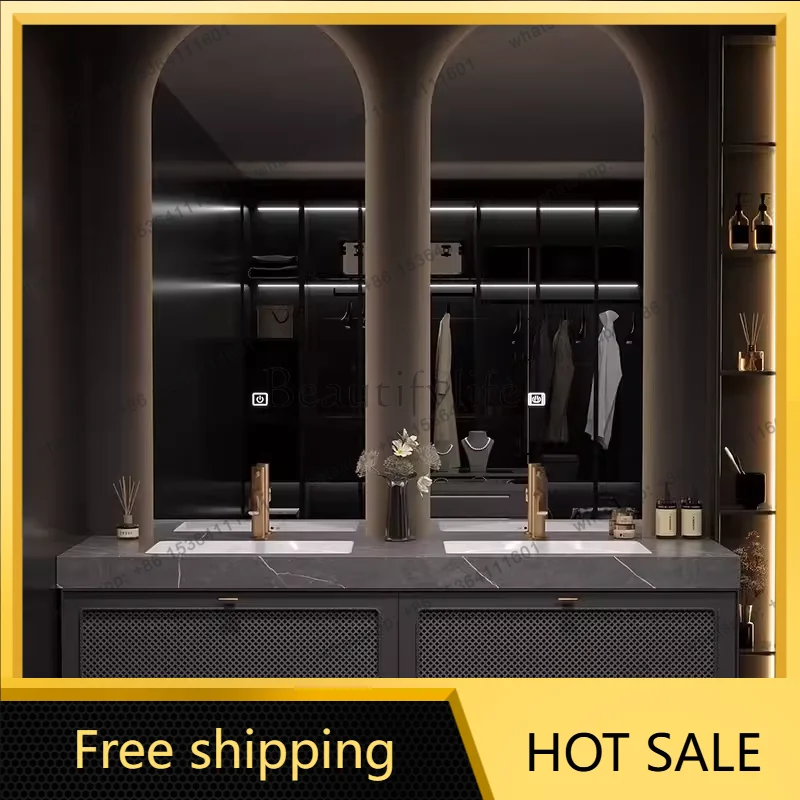 YJ Light Luxury Rock Slab Integrated Basin Bathroom Cabinet Combination Double Mirror Wash Designer Customized High-end Villa