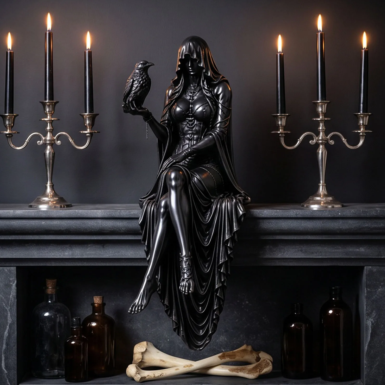 Resin Gothic Raven Shelf Sitter Statue Hooded Lady Reaper Figurine Macabre Desk Decor for Home Garden Yard Decorations