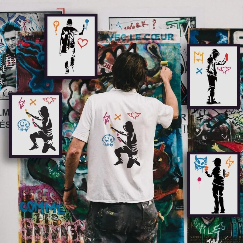 4 sztuki Banksy Man with Doodel in Hat Painting szablony 8,3x11,7 cala wielokrotnego użytku mężczyzna z Doodle w kapeluszu szablony do malowania