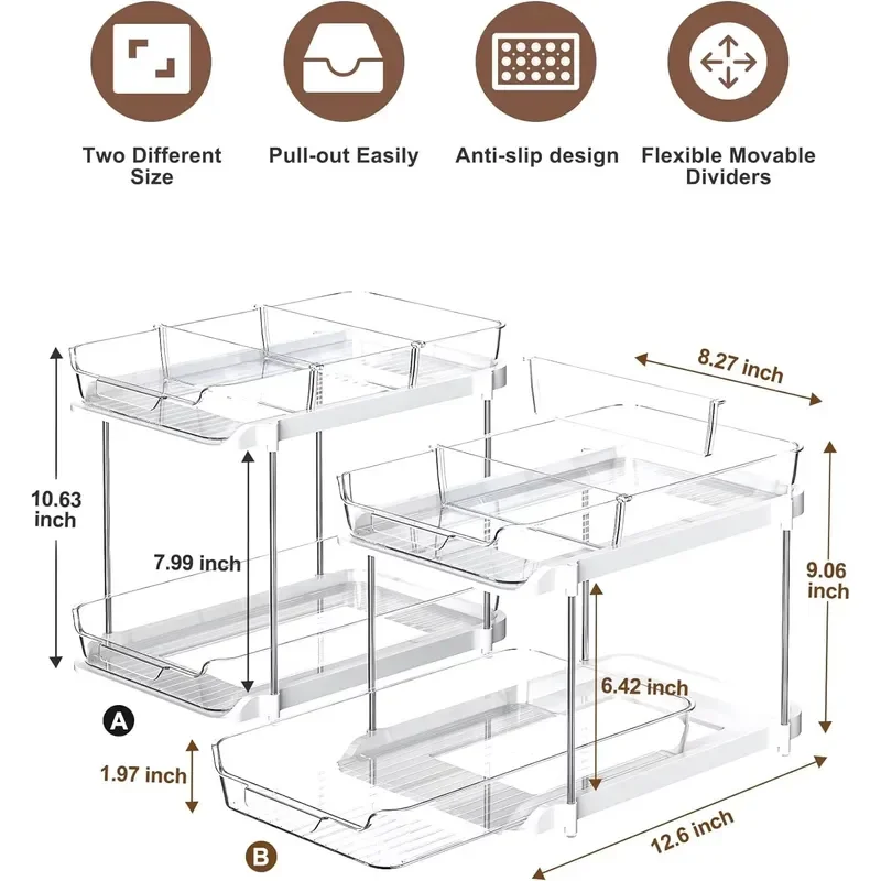 Hot Sale Stackable Pull Out Pantry Cabinet Organizer Storage 2 Layer Bathroom Sink Organizer with Removable Divider