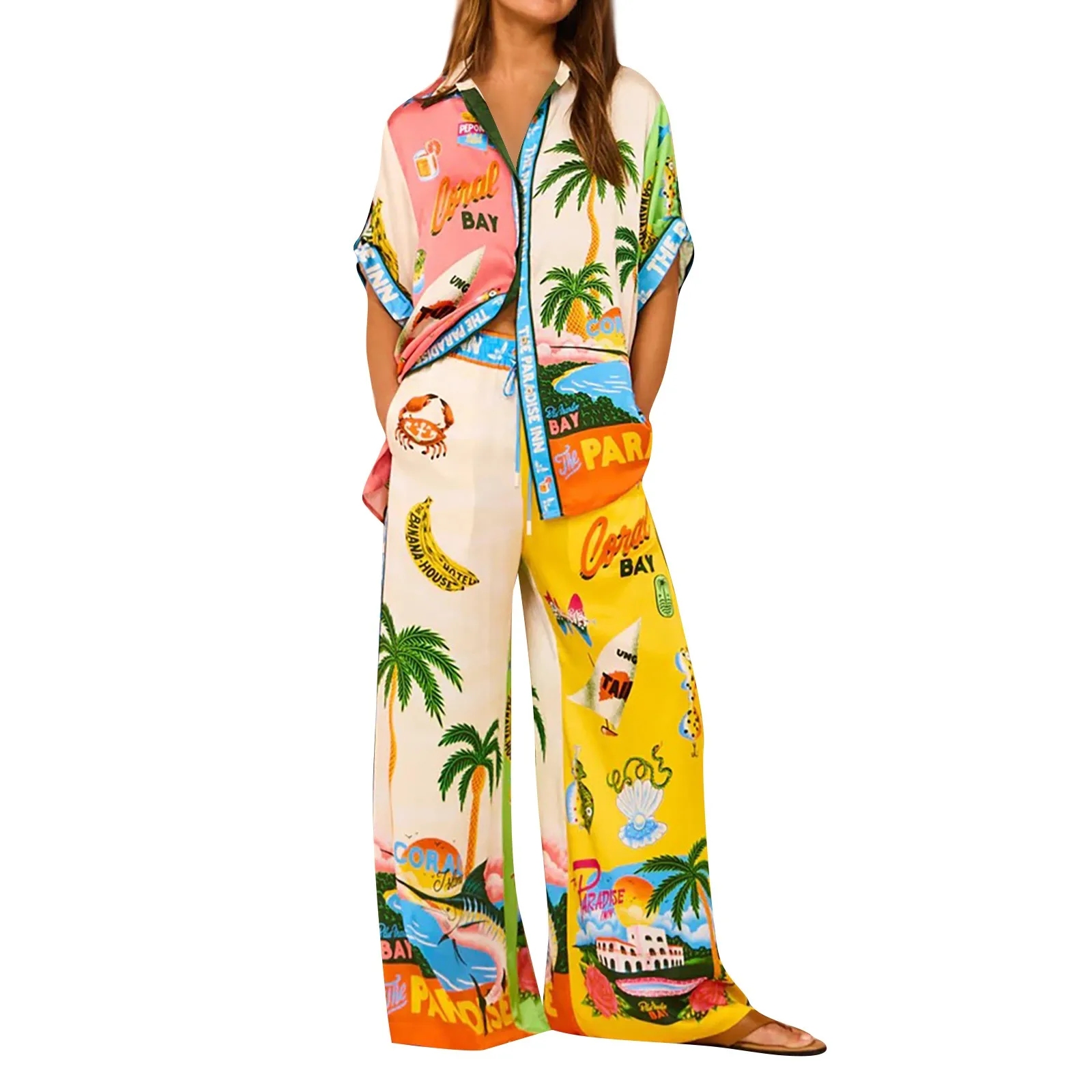 Printed Summer Leisure set Vacation Women\'S Two-Piece Short Sleeved Shirt Top And Pants Set Sports suit Home Set Pajamas Women