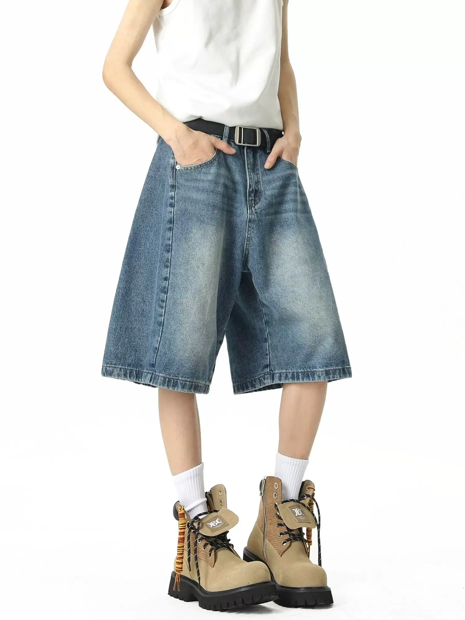 

Y2K Wide Leg Denim Cropped Pants Men Women American Retro Summer Loose Versatile Five Quarter Straight Leg Pants Trendy