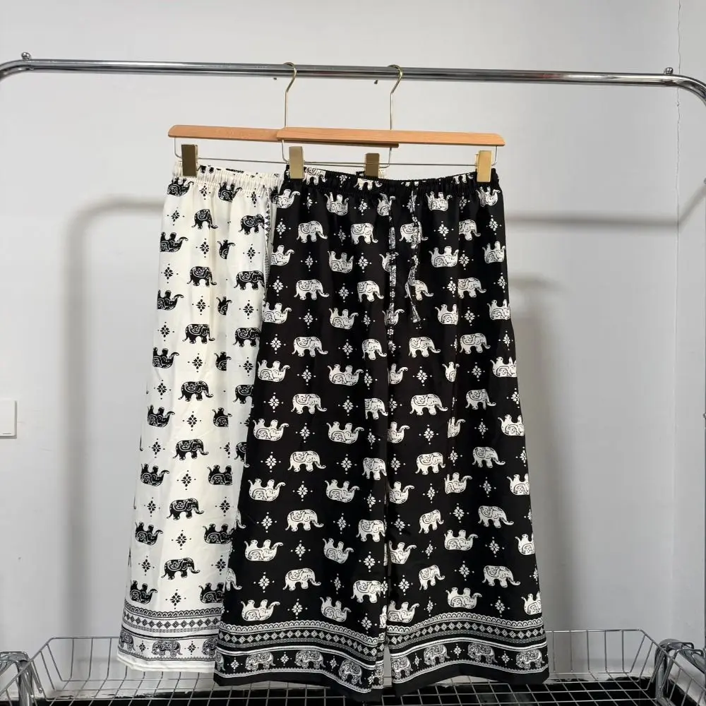 Ethnic Style Boho Printed Long Pants Bkack White Thin Baggy Pants Drooping Sensation Loose Women's Wide Leg Trousers For Women