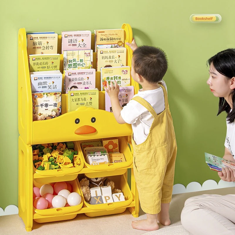 Estantería de 4 niveles con forma de pato amarillo para niños, estantería para habitación de niños, estante de piso en el hogar, estante de almacenamiento de plástico todo en uno