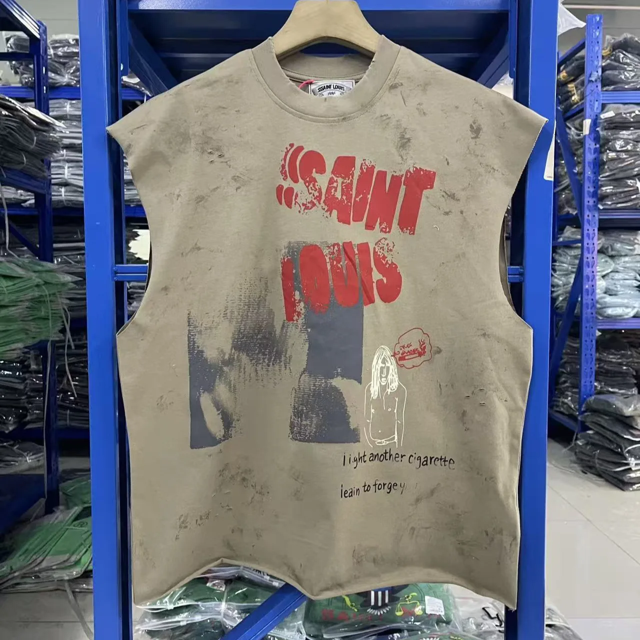 SSSAINT LOUIS 26SS Red Logo Flame Print Washed Vintage Sleeveless T-Shirt for Men and Women Trendy