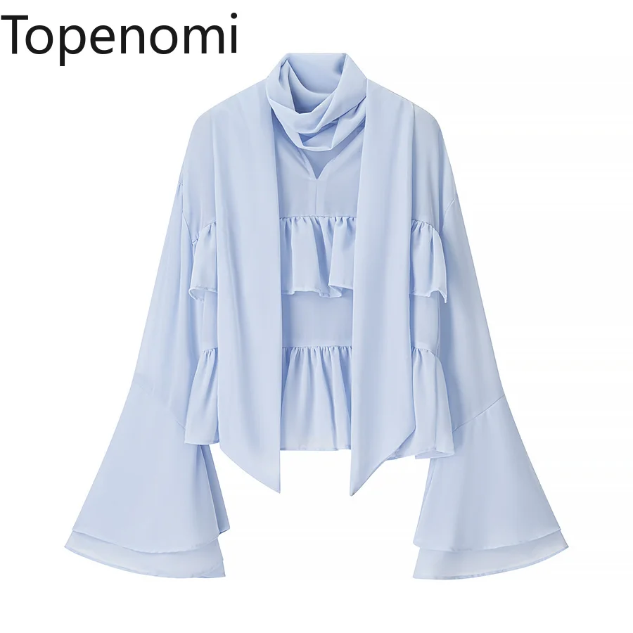 

Topenomi Fairy Tierred Ruffle Long Sleeve Shirt Women Elegant Scarf Collar Flare Sleeve Loose Lady Tops Fashion Versatile Blouse