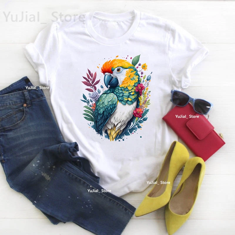 

Watercolor Parrot Flowers Bird Print T Shirt Women'S Clothing Summer Short Sleeve T-Shirt Female Harajuku Shirt White Tshirt